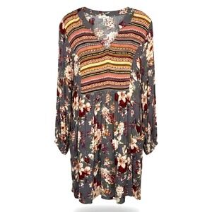 JODIFL Floral Stripe Long Sleeve Vneck Midi Dress Women's Size S serape romantic